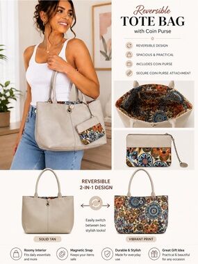 🩷. 1684. 🟰 Reversible Tan & Multicolor Printed Tote Bag with Matching Coin Purse